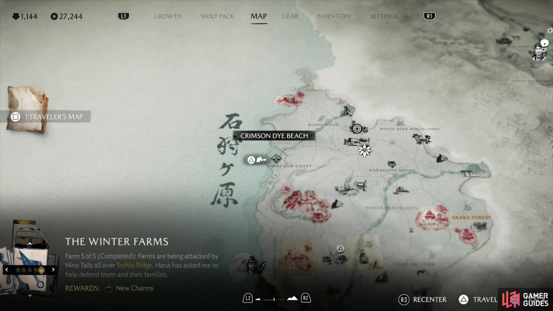 The location of the Crimson Dye Beach on the map.