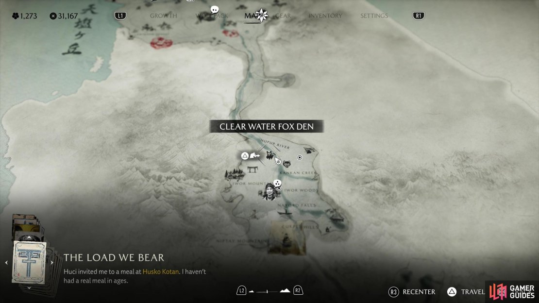 The location of the Clear Water Fox Den on the map.