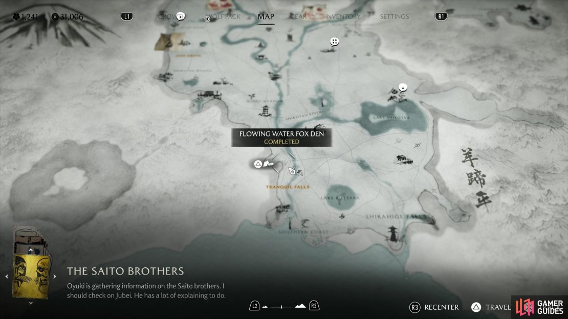 The location of the Flowing Water Fox Den on the map.