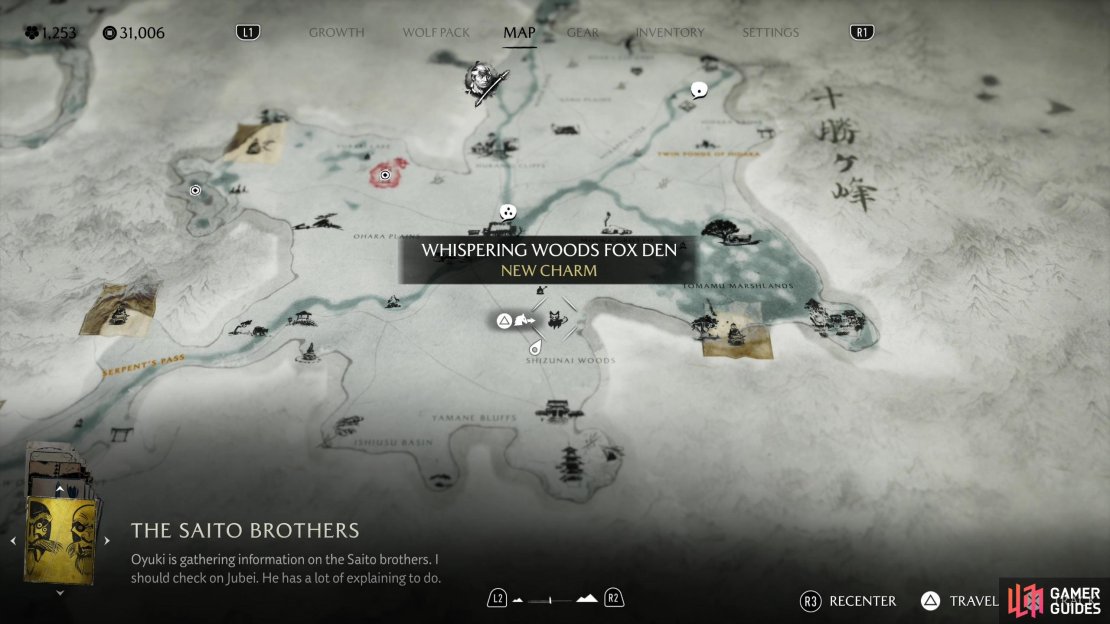 The location of the Whispering Woods Fox Den on the map.