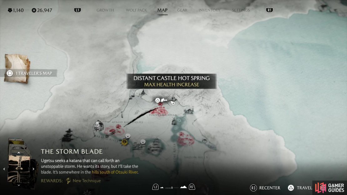 The location of the “Distant Castle” hot spring on the map.