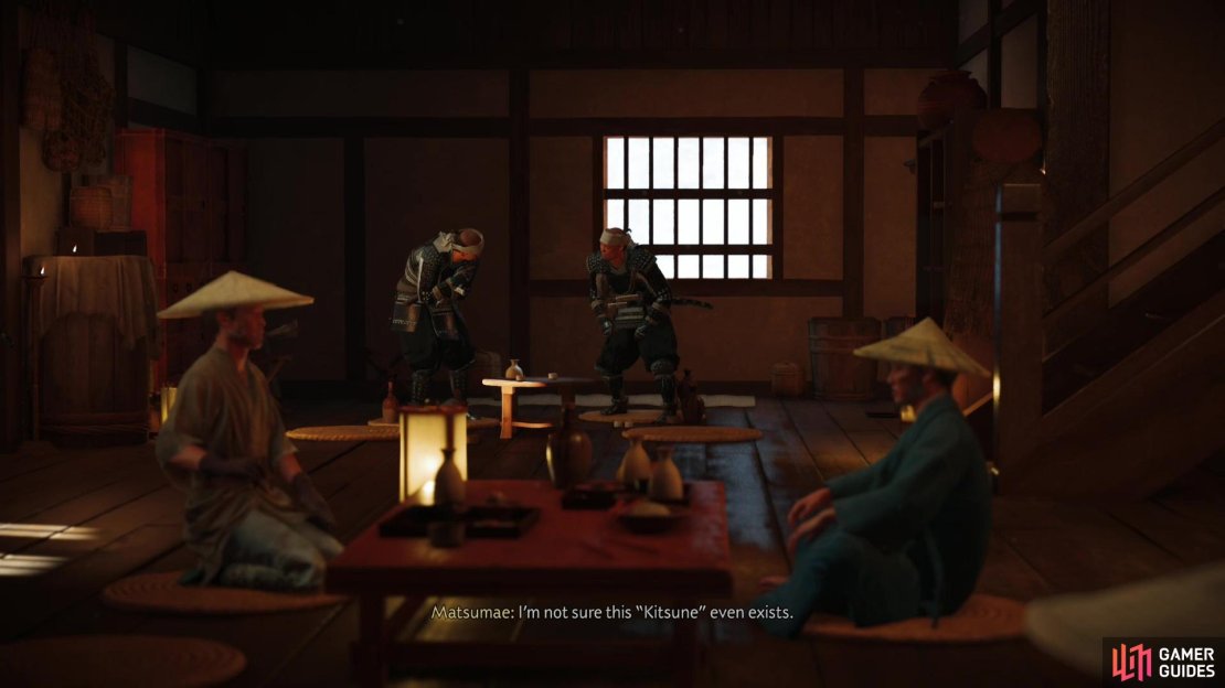 Eavesdrop on some Matsumae soldiers at the Red Crane Inn,