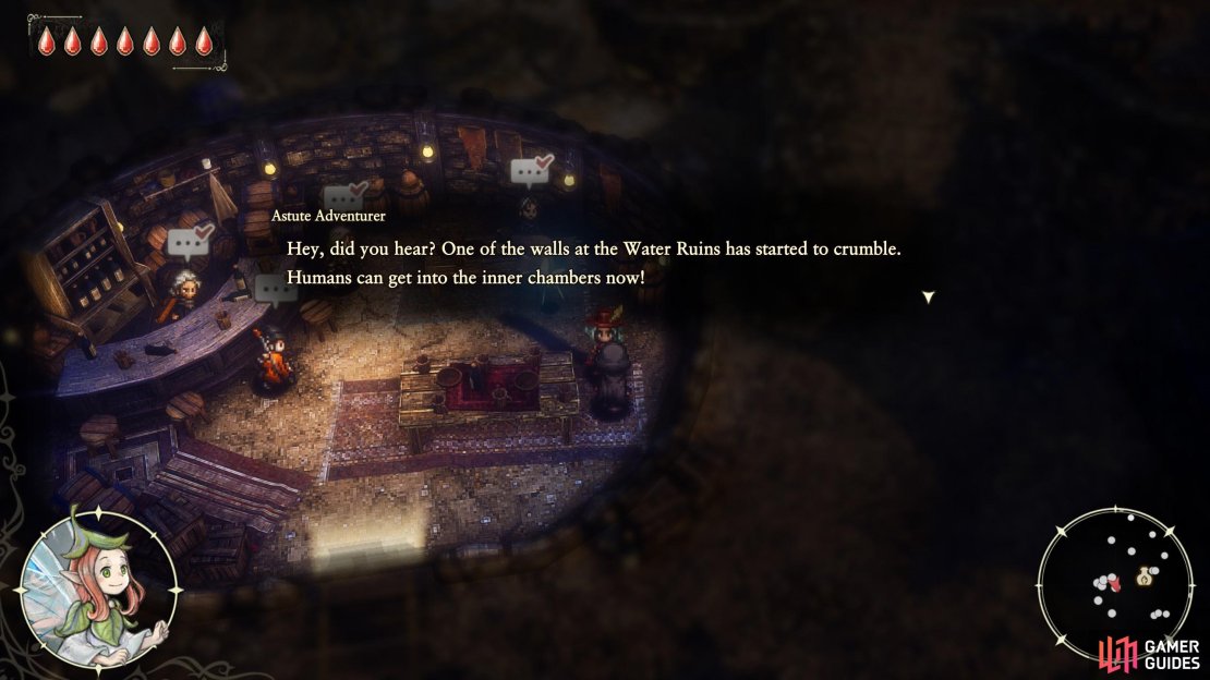 You&rsquo;ll know you can fully explore the Water Ruins when an Astute Adventurer mentions a wall collapsing in the dungeon. He can be found in the tavern in Littlehope Village.