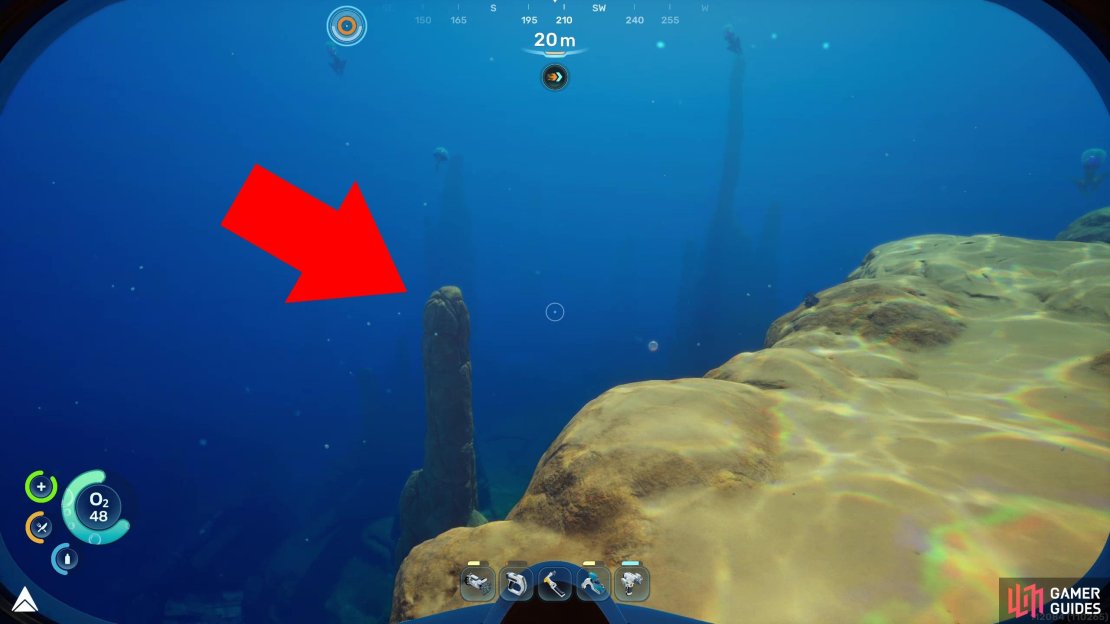 Swim southwest from the Lifepod until you find some spires on a lower shelf.