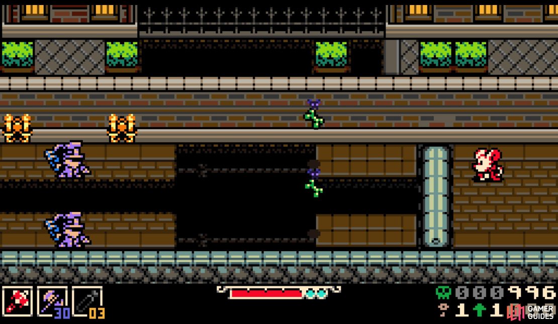 The moving platforms and laser enemies can be tough to navigate, but you want to go this way.