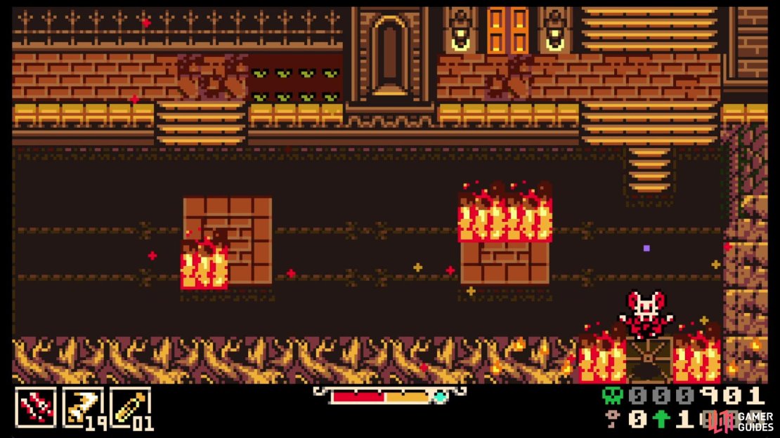 At the end of the first screen with fire, use the purple bounce pad to go south to a secret area.