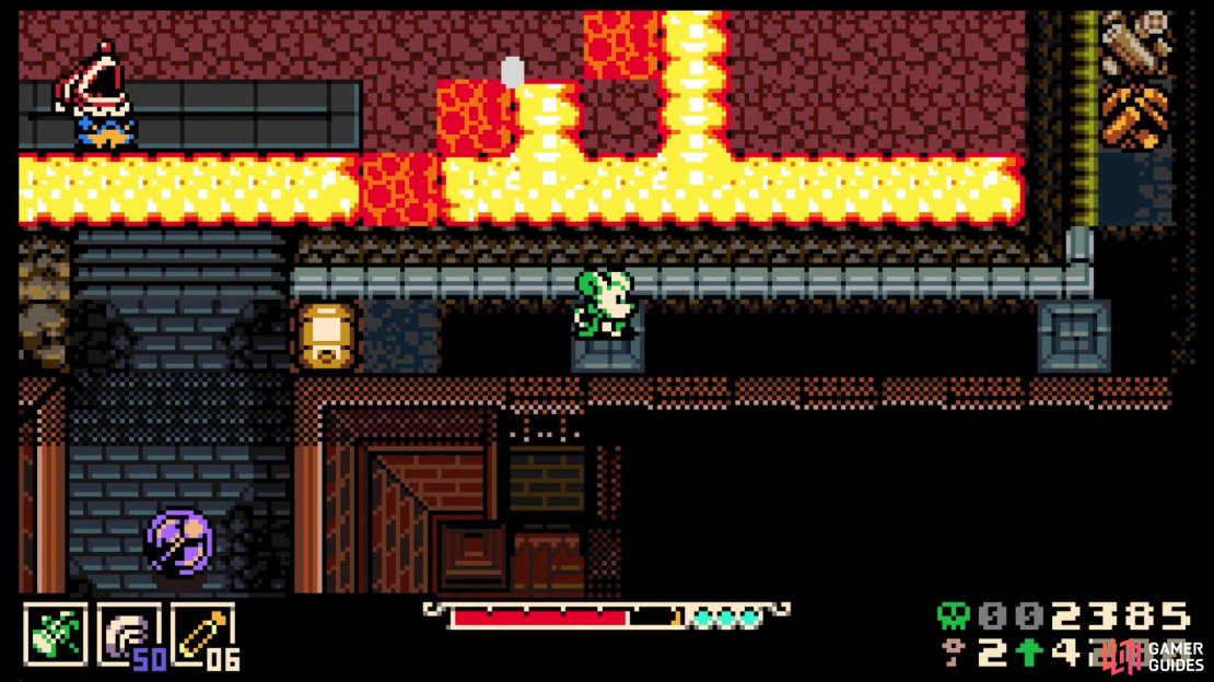 You’ll have to use the lava as light to head along these small, moving platforms.
