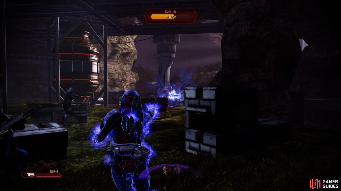 Fight your way through various Blood Pack mercenaries until you encounter their leader, a krogan named Kalusk.