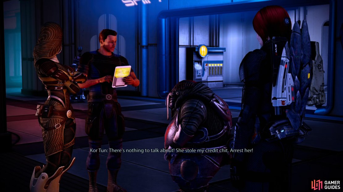 On Level 26 you&rsquo;ll find a volus accusing a quarian of theft.