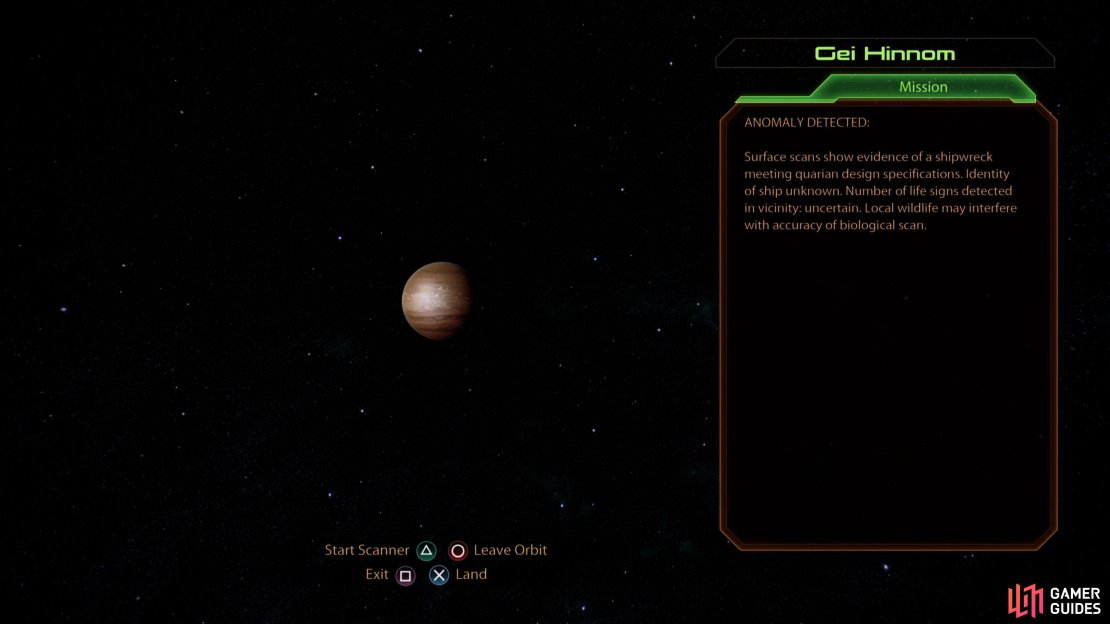 Scan the planet Gei Hinnom to start the assignment &ldquo;N7: Quarian Crash Site&rdquo;.
