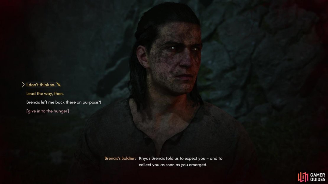 After escaping the mines, refuse an escort offered by Brencis&rsquo;s soldiers if you want to save Vladimir.