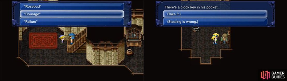 The password for the boy to open the passage is &ldquo;Courage&rdquo;. After freeing Celes, speak to the soldier to get the Clock Winding Key.
