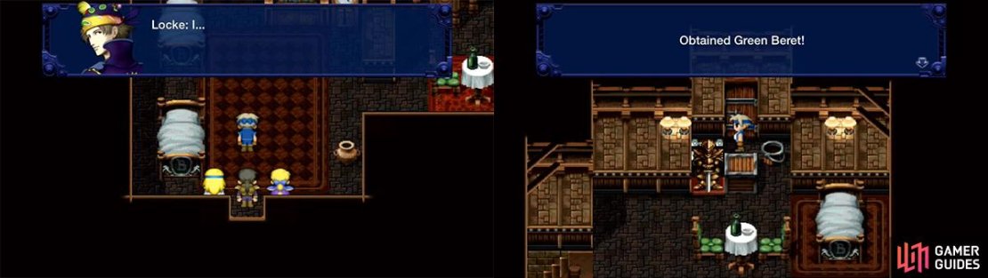 If you have Locke in your party, go to the northwest house for some scenes and more information about Locke&rsquo;s past. The Green Beret can be found by going into the back entrance of the far northern house.
