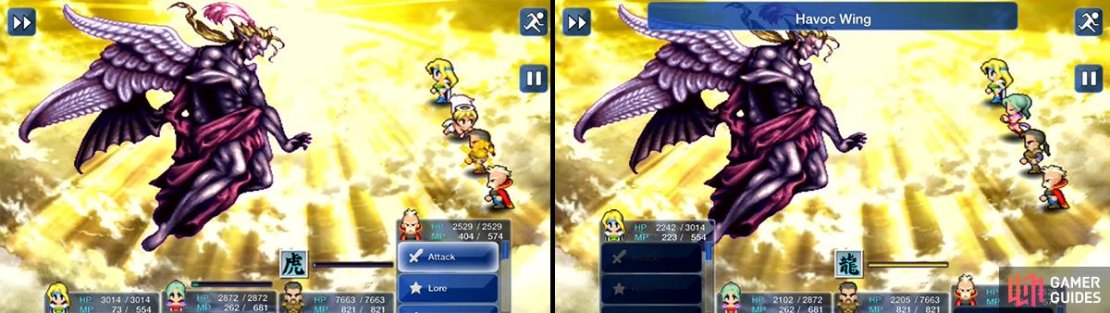 The opening Heartless Angel will reduce all of your party&rsquo;s HP to 1. Have Curaga at the ready. Havoc Wing will take one-hit a character doing around 5-6000 HP.