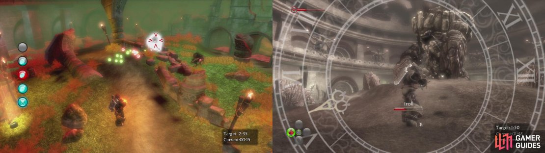 Round 7&rsquo;s balvarines are tricky but can quickly be dispatched by high level will powers (left). Round 8 (right) has you take on a troll with hobbes that come in as support.