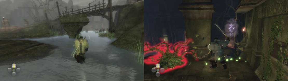 Twinblade&rsquo;s Tomb can be found in Wraithmarsh by the bridge leading to Bloodstone (left). Inside, clear the shrubs int he first room to find a pressure plate (right).