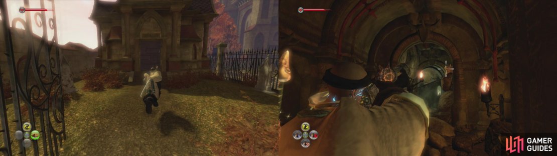 Enter Lady Grey&rsquo;s Tomb in Fairfax Gardens (left). Shoot the gargoyle before jumping down the hole (right).