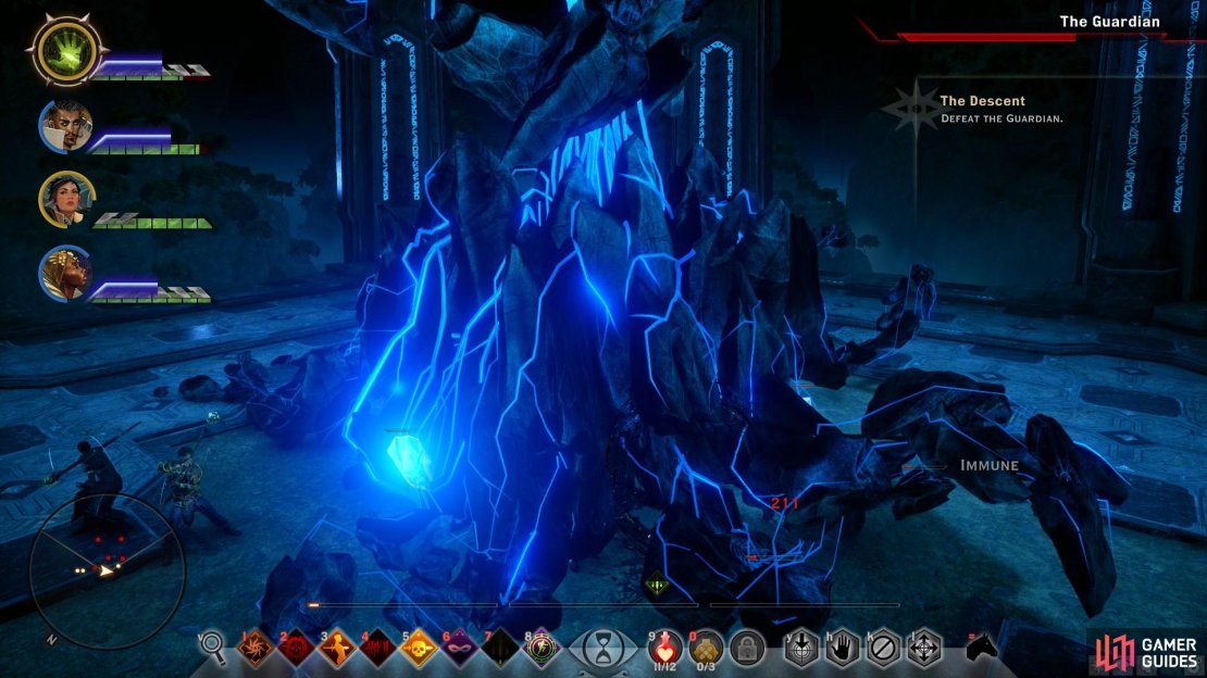 Try to remain as close as possible to The Guardian, focusing attacks on exposed lyrium stumps.