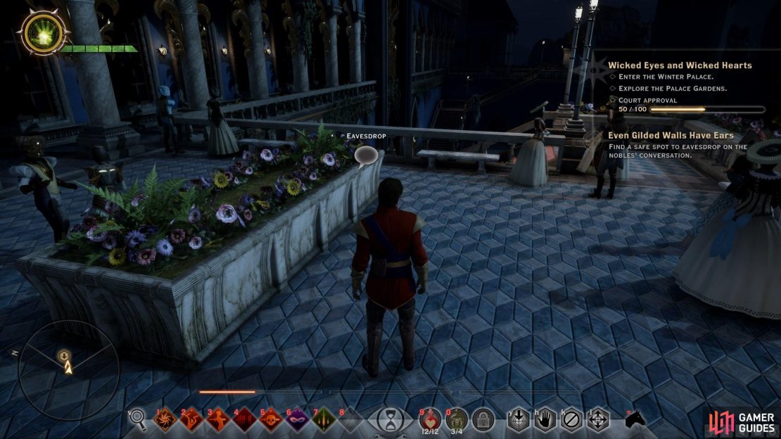 Interact with locations where you can eavesdrop to learn new information.
