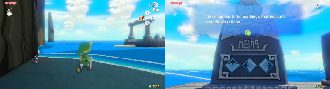 Since you have the Wind Waker, it is time to make use of the shrine behind the island. In front of you is a tunnel; follow it until you reach the coast behind the island. From there, you should be able to spot a tinier island. Swim to it and examine the un-fragmented stone tablet on the left.