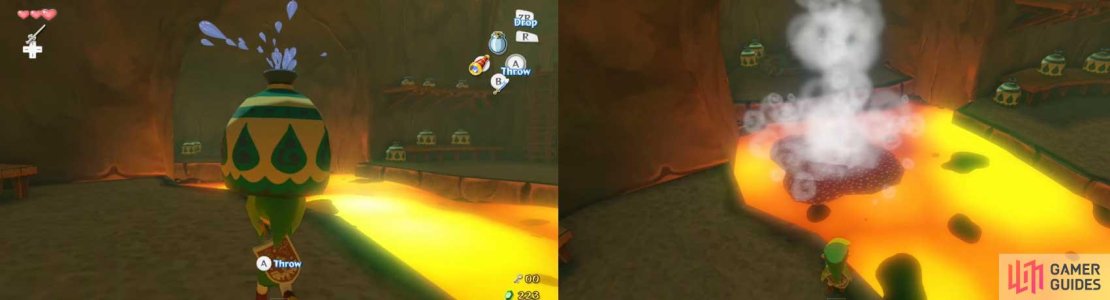 In this room, grab one of the greenish pots. You ever see those movies where water is poured onto lava, making it hard? We’re doing that now, to make a temporary platform. BUT, instead of immediately going across, throw the pot towards the ledge at the left. Why? There is a ledge there with a chest!