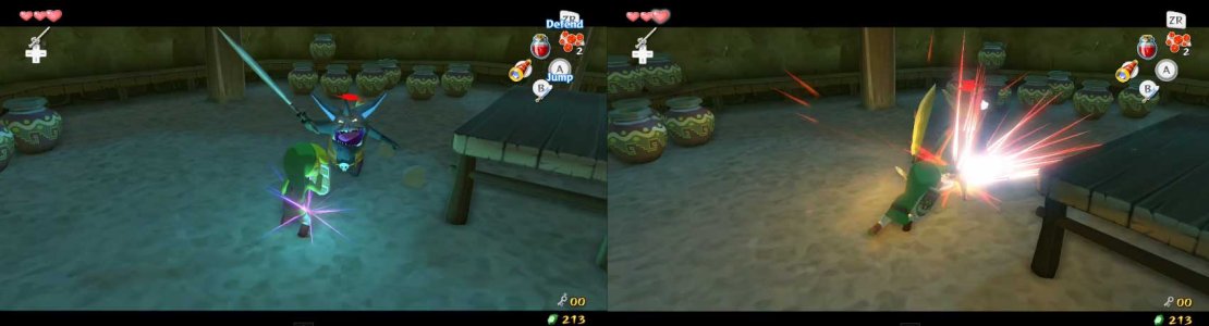 There is also a Bomb Flower to your left. Use it to destroy both of the large boulders in the room. This allows access to another door and another pot (the last of the dungeon). Go through the door when you&rsquo;re ready.