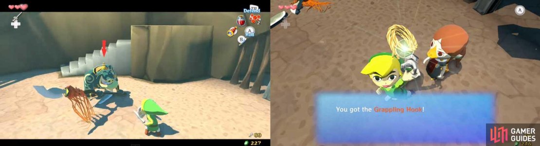 After the battle, Medli&rsquo;s cage opens. When you talk to her, you find that she has found the cause of Valoo&rsquo;s anger: something in the room below Valoo is messing with his tail. Medli decides to go and tell everyone what&rsquo;s happening. Before she leaves, she gives you a Grappling Hook and a tutorial on how to use it.