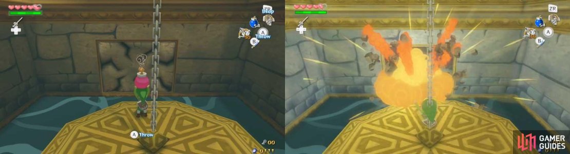 Pull out a Bomb and hold it for about 3 ~ 5 seconds, then throw it. If you timed it well, it should blow up as it passes near the wall, consequentially ridding you of the blockade. Behind the wall, you&rsquo;ll find a door. Go through it.