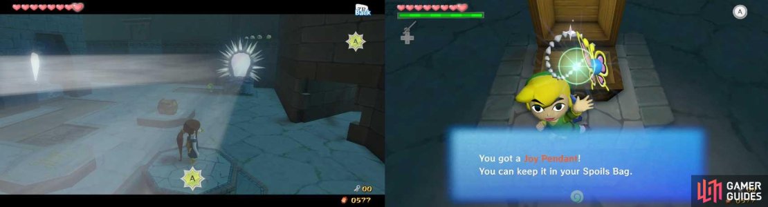 Shine some light onto the chest to the left of the mirror; when Link opens it later, you&rsquo;ll find a Joy Pendant.