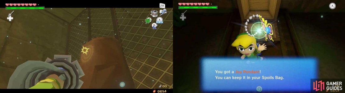 If you did it correctly, the Hookshot will drag the stone down and break it (if you were in a corner, it shouldn&rsquo;t damage you). Go into the cell and open the chest to get a Joy Pendant.