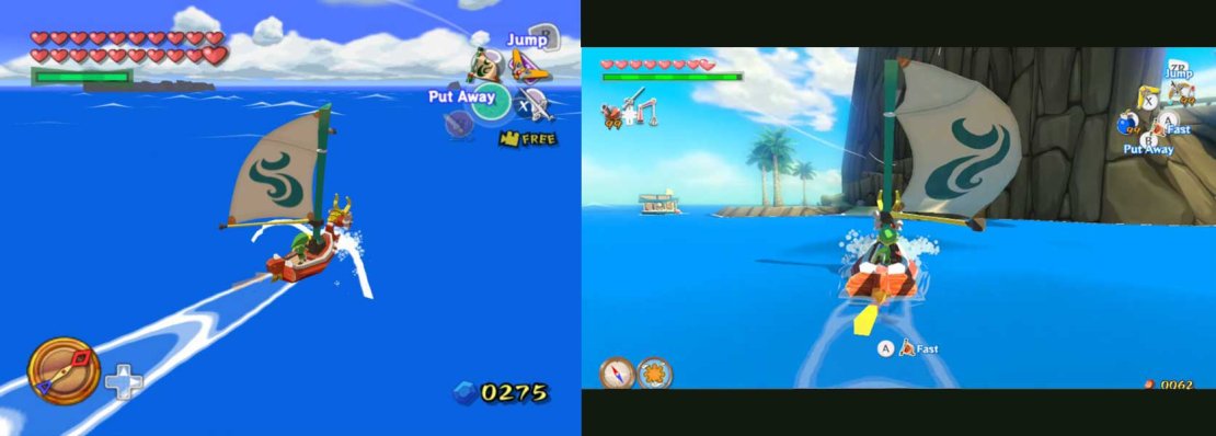 The GameCube&rsquo;s version (sub-HD with original HUD) on the left and the 1080p Wii U HD-edition on the right.