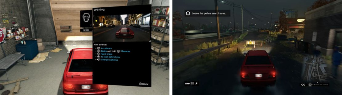 Pick up the car left by Jordi&rsquo;s friend in the nearby garage (left) and use the back alleys to escape the police (right).