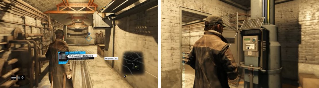 Make sure to get the Malcilm Deodato 05 audio log underground (left). After unlocking the door, hack into the ctOS tower (right) and pinpoint Kenney&rsquo;s location.