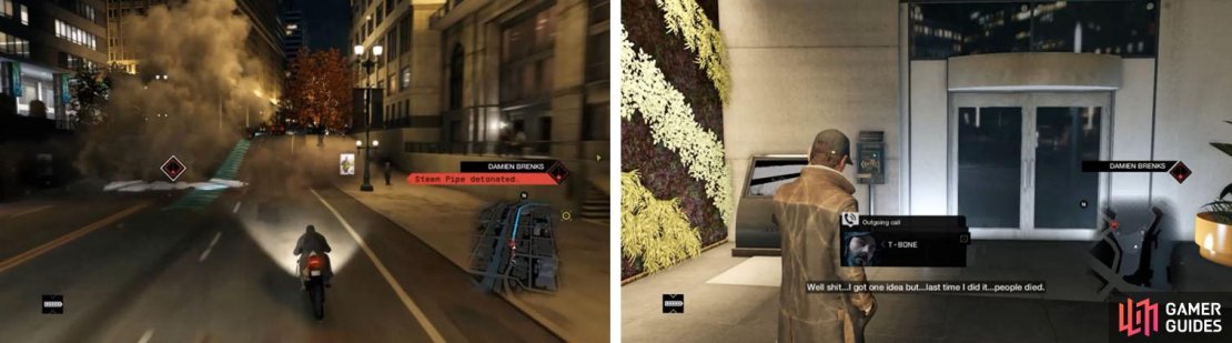 Avoid Damien&rsquo;s traps (left) as you make your way through the city toward the Bower Tower. Once there Kenney will come up with a new plan (right).
