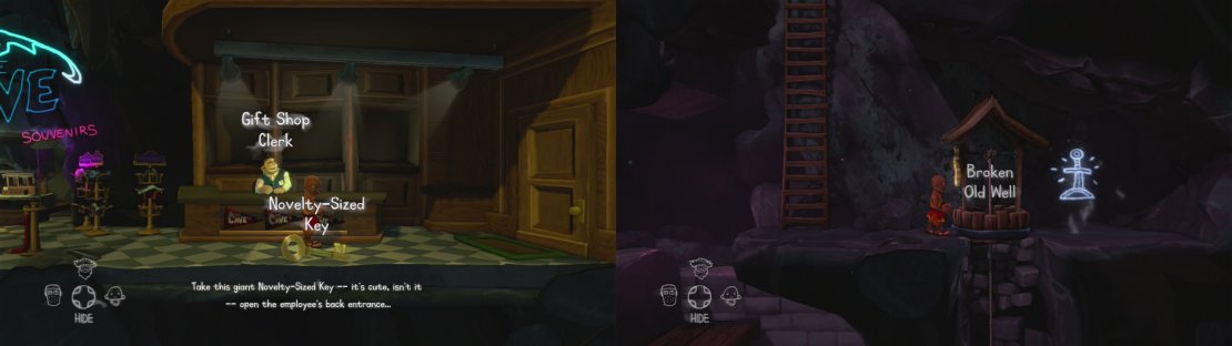 Grab the key from the Gift Shop (left). As you decsend into the next area, look out for the first Cave Painting behind a well - we&rsquo;ll be back for that shortly!