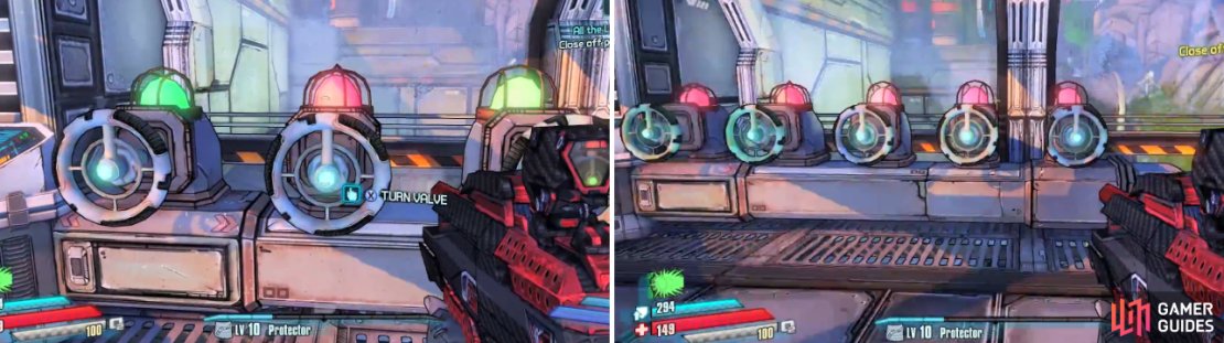 There&rsquo;s a little puzzle here, with your goal being to turn the wheels until all the lights are red.
