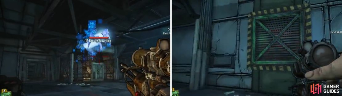 You can&rsquo;t hurt these ghosts yet, so ignore them and go into the vent to continue (right).