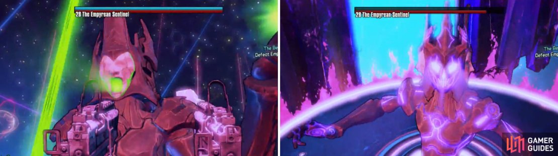 The Empyrean Sentinel can only be damaged by shooting the head that&rsquo;s facing forward. After its shield is gone, the mask falls off and you can start depleting its health.