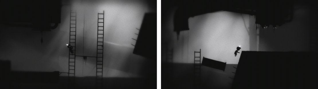 As you move right, climb to the top of the ladders (left) and use the floating pipe to jump up to the ledge above when the water level is high enough (right).
