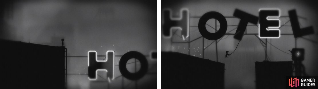 Jump across to the &lsquo;H&rsquo; when the lights are off (left) and then quickly over to the &lsquo;O&rsquo;. Drop down the gap between the &lsquo;O&rsquo; and the &lsquo;H&rsquo; and swing across the gap below (right).