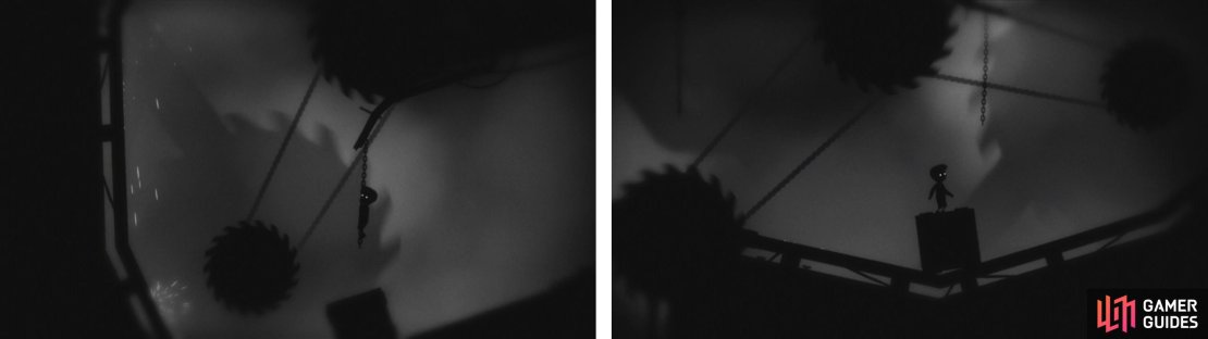 Use the box to grab the chain (left) and once the room rotates enough, drop back down onto the box again (right).