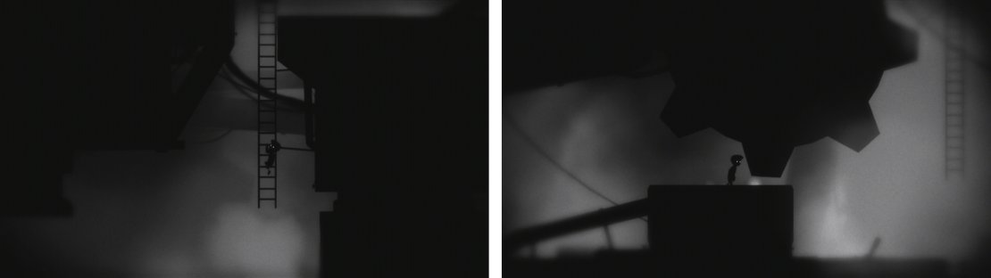Return to the second crusher and use a box to climb up to it again. When it is safe, run across to the right and grab the ladder (left). Climb up and go right to find the hidden egg (right).