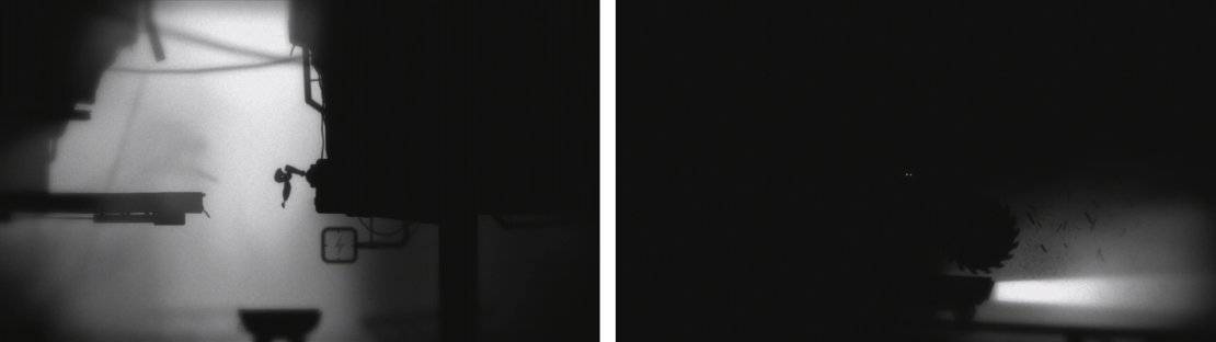 Jump to the lever and you&rsquo;ll drop to the mine cart (left). Ride it through the dark and jump the saw from the platform in the dark (right).