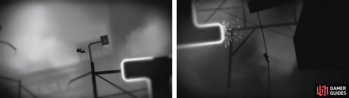 Run up the pipe and when the &lsquo;H&rsquo; turns on, wait a second before jumping and hitting the gravity switch (left). Keep moving across and use the lower part of the &lsquo;H&rsquo; to reach a rope below (right).