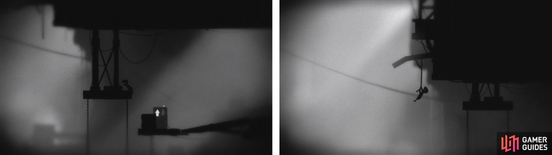 Use the crate to jump on top of the lift (left). At the top, jump over to the rope on the left to reveal the egg (right).