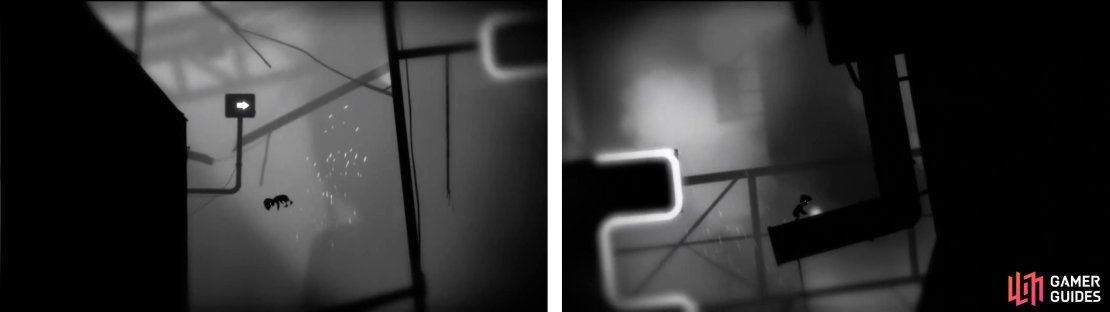 Jump from the top of the vertical platform to the left, hitting the panel on the way down (left). Run back up the pipe and on the other side of the &lsquo;H&rsquo; you&rsquo;ll see an egg fall from a pipe (right).