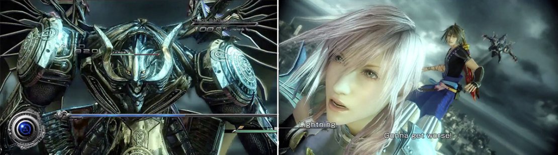 Lightning faces off versus Bahamut. Since this is the first battle, it isn&rsquo;t terribly difficult but you must still be careful not to get carried away (left). Bahamut gets a little stronger this next time so be ready (right).