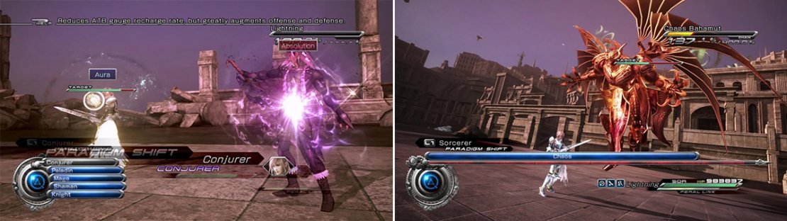 Use Aura when you wish to push for a quick victory or to quickly drive the Chain Gauge higher (left). The status ailments don&rsquo;t always stick as both Caius and Chaos Bahamut have fairly high resistance until they&rsquo;re staggered (right).