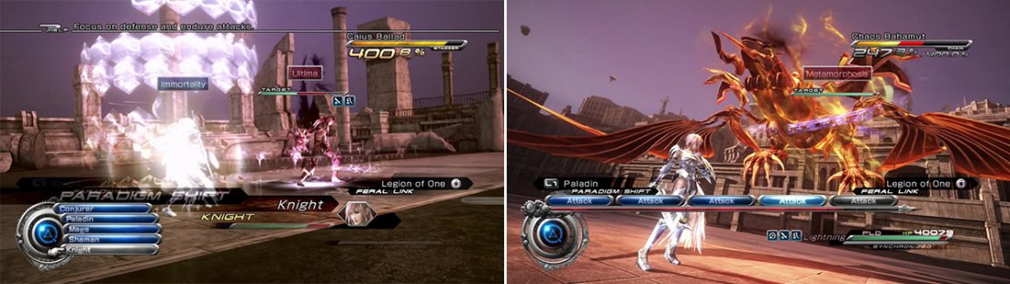 Caius starts to get really annoyed and uses Ultima when he&rsquo;s below half health at higher levels (left). When Bahamut enters Gestalt mode, you know you&rsquo;re in for some pain. Make sure to be in Knight for Obliterating Breath but especially Megaflare (right).