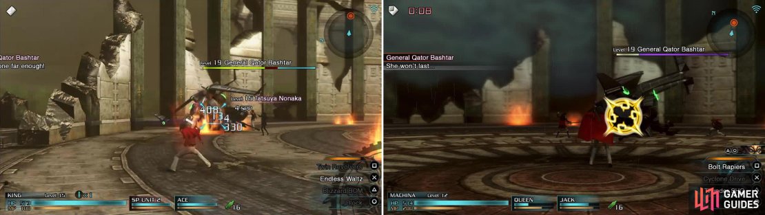 Hit Breaksights (left) to damage Bashtar when he&rsquo;s on the ground. Once it&rsquo;s raining, you can make use of his weakness to Thunder magic. Machina is an excellent choice here (right).
